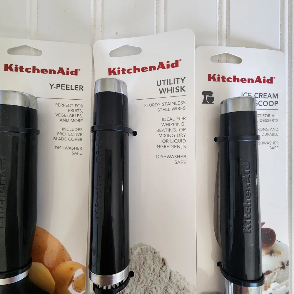 KitchenAid Prep utility Whisk , ice cream scoop, y- peeler in black kitc…